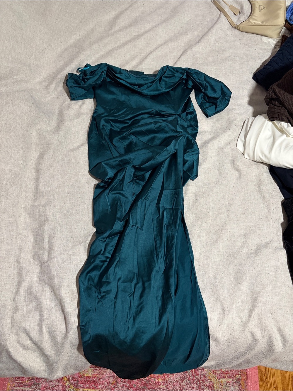 Teal Satin Off-Shoulder Evening Dress